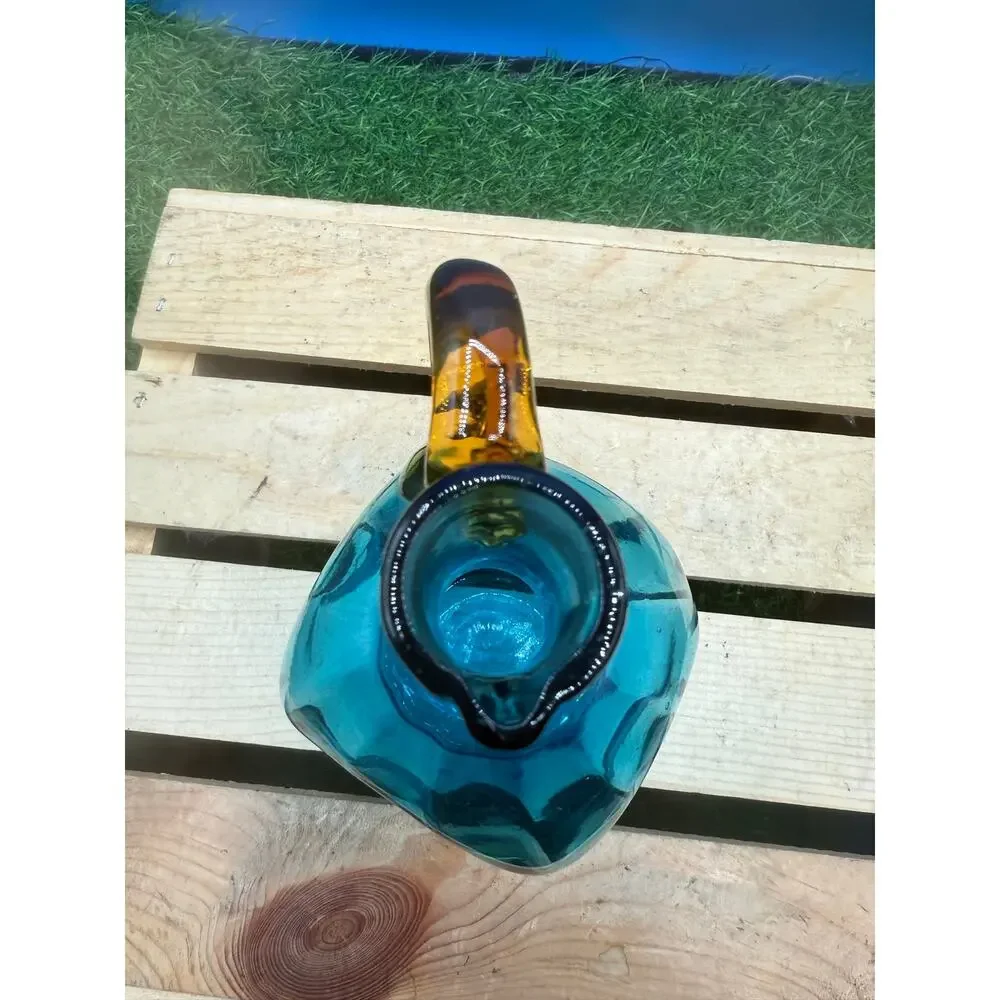 Blenko Style Mid-Century Blue Art Glass Decanter with Amber Handle - 8” Tall